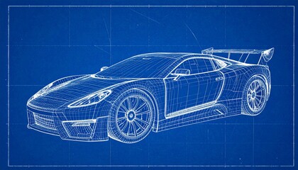 Naklejka premium Futuristic Sports Car Blueprint Wireframe — CAD Concept