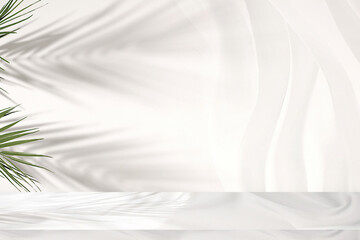 Obraz premium Premium empty podium with shadows on sunny elegant background, minimal abstract backdrop for cosmetic products presentation, template for design, banner for screen, podium on pedestal