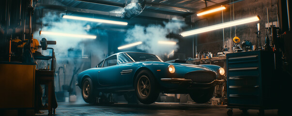 Blue performance car mid lift in repair garage with tools and equipment visible