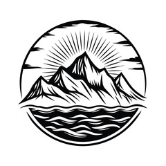 Black & White Mountain Peaks and Water within Circle Icon with Sunlight Rays