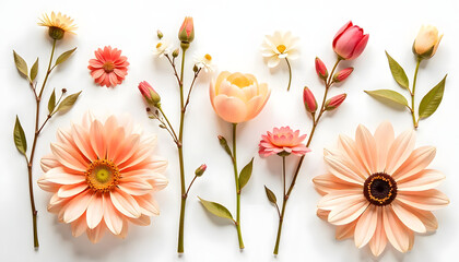 A vibrant display of assorted flowers, featuring a mix of shapes, colors, and natural beauty on white.