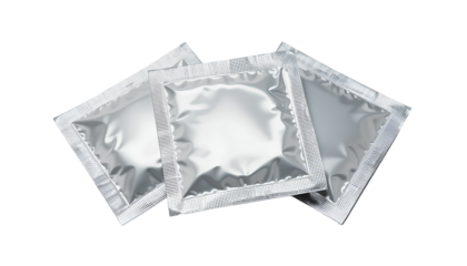 Silver foil-wrapped condoms in varying overlapping positions isolated on transparent background 