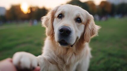 Golden Retriever Giving Paw at Sunset in Park