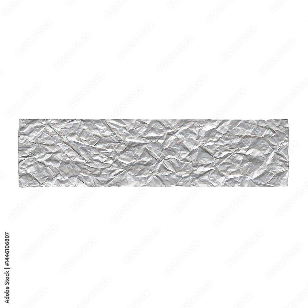 Poster highly textured silver strip, intricately crumpled to create a pattern of deep wrinkles and reflecti