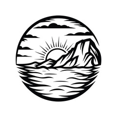 Circular Mountain and Sea Sunrise Silhouette, Rays of Light, Black and White Scenery