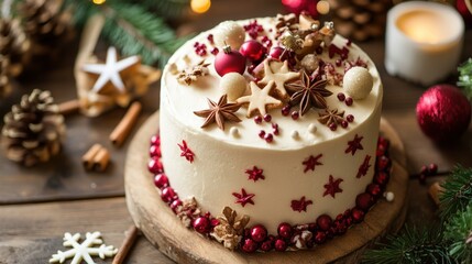 Fototapeta premium Festive Christmas cake decorated with ornaments and spices.