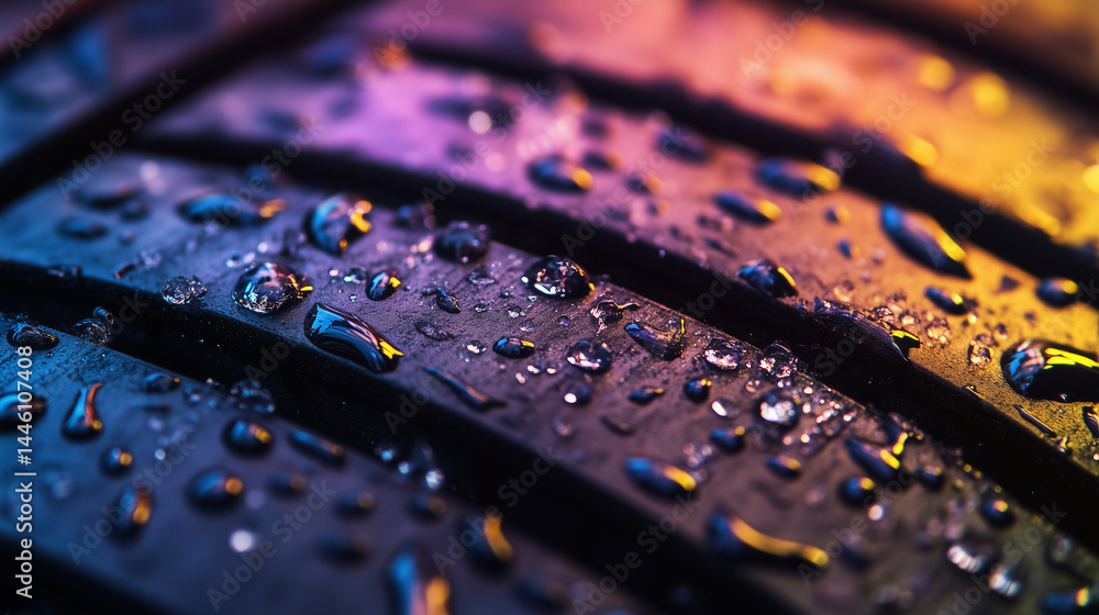 Poster detailed view of tire tread patterns with water droplets reflecting light in a colorful setting