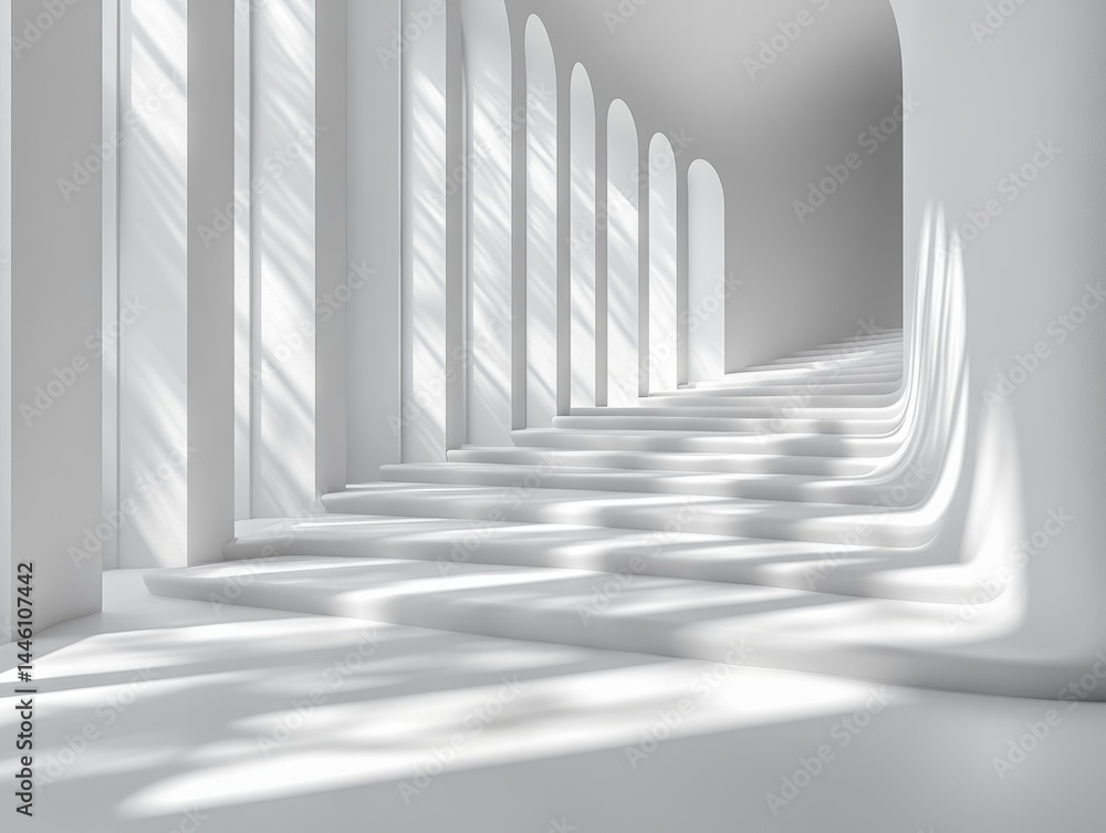 Poster elegant minimalism: a study of light and form in a white staircase with arches, creating a serene an