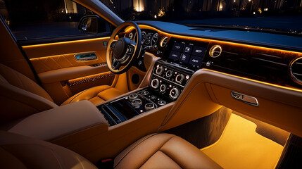Luxury car dashboard with ambient LED lighting showcasing a sophisticated interior design at night