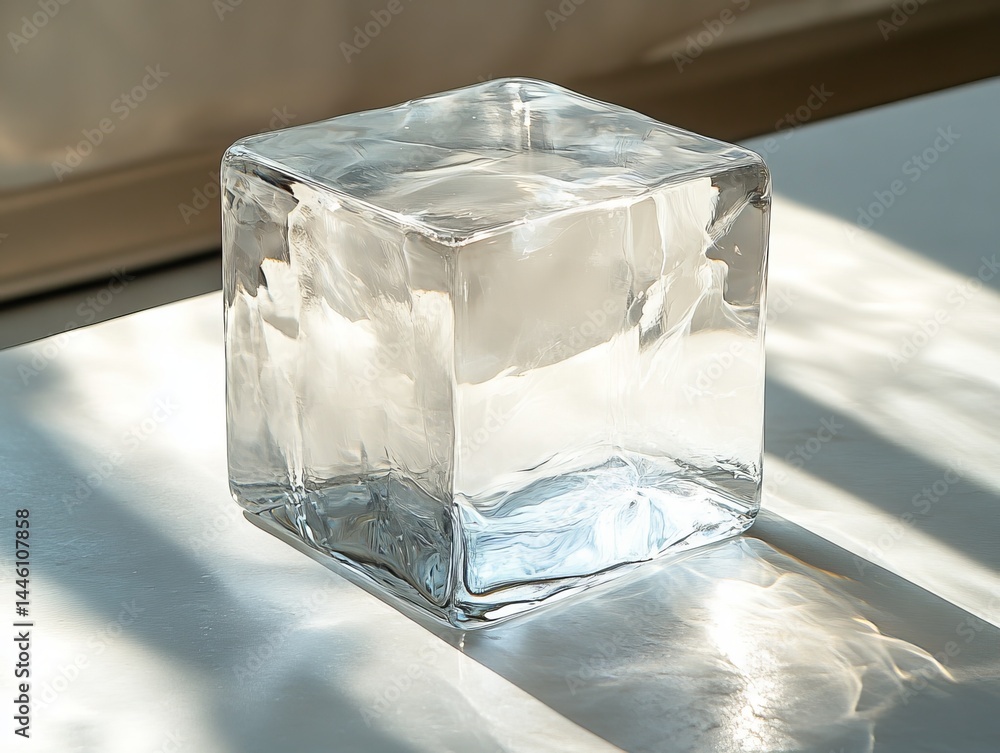 Poster ice cube on a sunny surface: a study in light, texture, and minimalist composition, demonstrating so