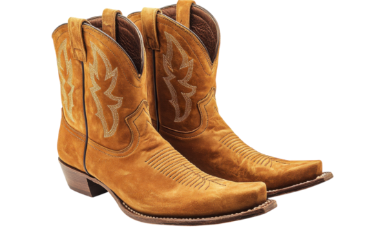 Stylish suede cowboy boots intricate embroidery pointed toes warm brown tones classic western design