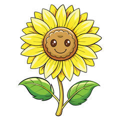 Cheerful Cartoon Sunflower with Cute Face, Yellow Petals and Green Leaves