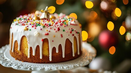 Festive Christmas cake with dripping glaze and sprinkles.
