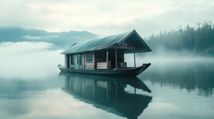Fototapeta premium Misty River Houseboat