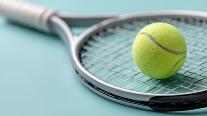 Tennis racket and ball on a light blue background.