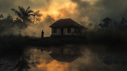Fototapeta premium Misty sunrise over abandoned house