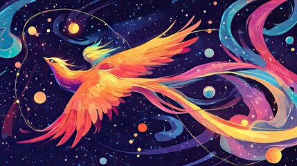 Colorful mythical bird soaring through the cosmos.