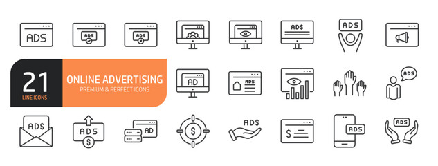 Set of line icons related to online advertising and more. Outline icons collection. Editable stroke. Vector illustration.
