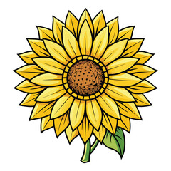 Cartoon Sunflower Head, Bold Outline, Detailed Seeds, Yellow Petals, Green Leaves