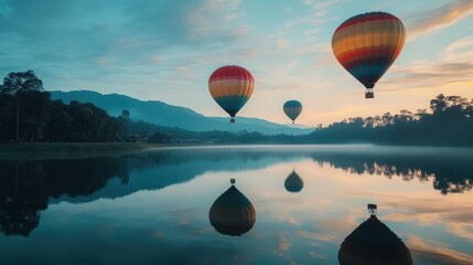 Obraz premium Colorful hot air balloons over a tranquil lake at sunrise