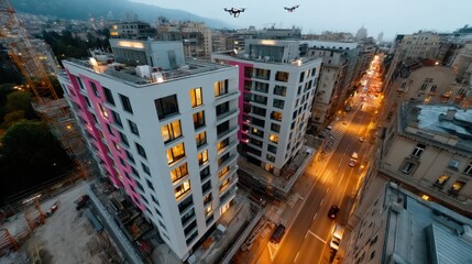 Fototapeta premium Modern Residential Buildings with Drone Flying Above in an Urban City at Dusk