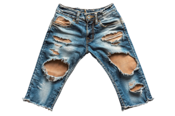 Distressed denim jeans with large rips and patches showcasing unique style against a clean white