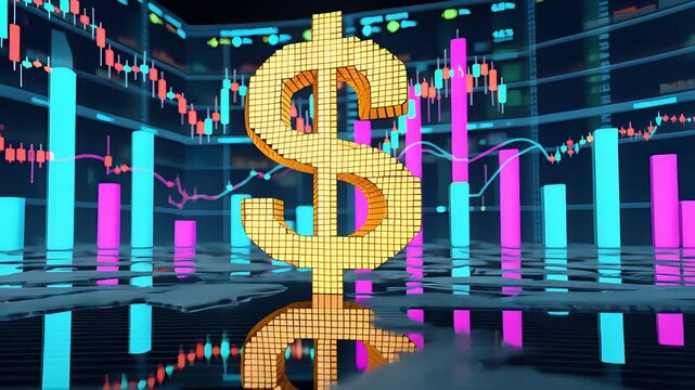 Digital golden dollar sign with glowing pixel texture surrounded by colorful stock market charts, graphs, and financial data in 3D space

