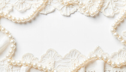 Obraz premium Elegant lace and pearls flat lay, timeless wedding aesthetics