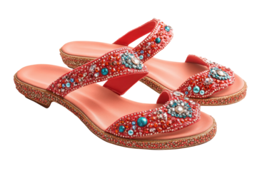 Elegant coral beaded sandals summer fashion jeweled footwear vibrant red turquoise accents sparkling