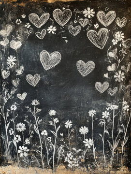 Naklejki Decorative chalkboard with hearts and flowers, vintage art style.