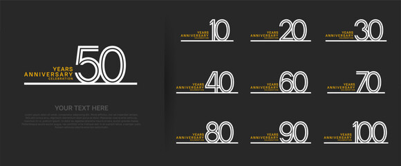 logo anniversary set. white color with long line on black background for special event