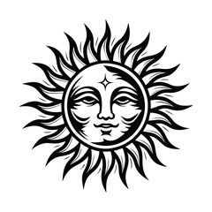 Black Silhouette Sun Face with Star and Eyelashes Isolated on White Background