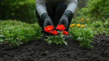 Fototapeta premium Gardener planting vibrant flowers in a lush garden setting