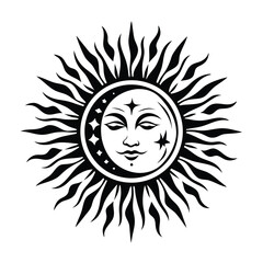 Black & White Sun & Moon Face Icon with Stars, Celestial Silhouette