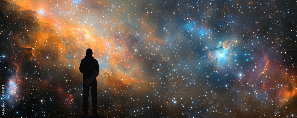 Poster a person contemplates the vast and beautiful celestial expanse above them