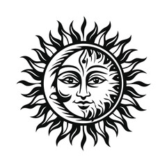 Decorative Black and White Sun with Stylized Face and Rays on a Clean Backdrop
