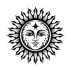 Black and White Sun Face with Star Detail and Stylized Petals on a White Background