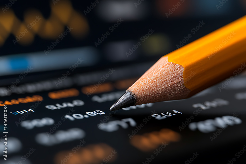 Poster analyzing data with a pencil: a focused view of financial numbers on a screen, highlighting the prec