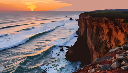 Sunset over ocean waves crashing on rocky cliffs  