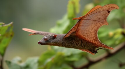 Flying Fox in Flight, Lush Green Foliage Background