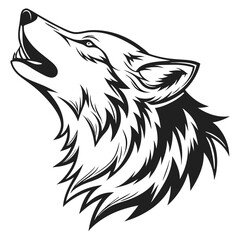 Silhouette of Wolf Howling with Head Tilted Upward, Black on White, Isolated, Detailed
