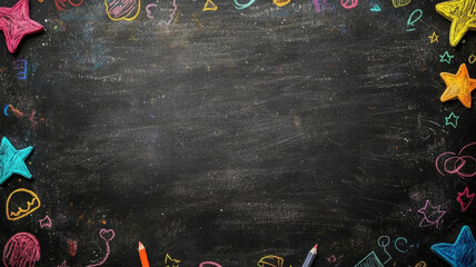 Empty chalkboard with colorful chalk and doodles for school theme.