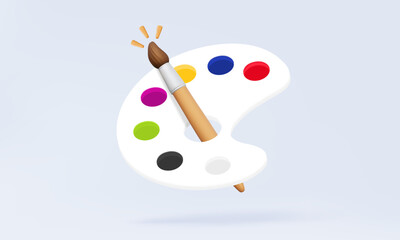 Paintbrush palette Colorful creative idea artwork painting drawing education watercolor graphic design floating on pastel background Minimal cartoon cute smooth. 3d vector illustration element