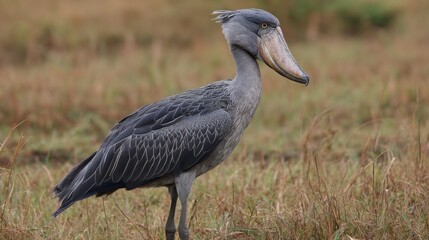 Shoebill Stork in African Savanna Grassland, Profile View