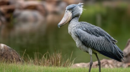Shoebill Stork Profile, Serene Posture, Green Grass Background