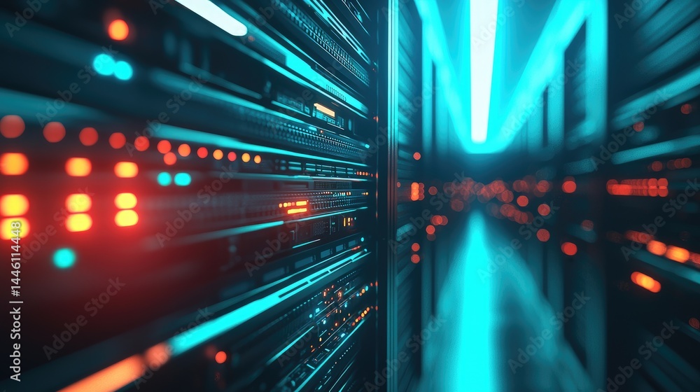 Poster colorful futuristic data center corridor with red and blue neon lights, ideal for abstract cyber vis