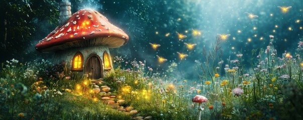 A whimsical mushroom house sits illuminated in a magical forest scene