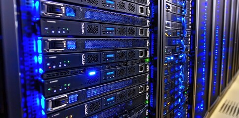 Naklejka premium Detailed server units glowing with bright blue indicators, great for IT management, secure networks, and technology services promotion