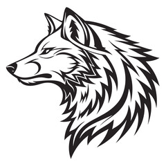 Decorative Wolf Head Profile Outline Black Tribal Animal Design, Isolated on White