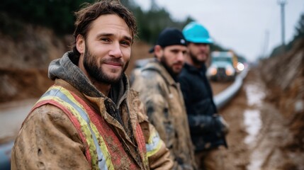 Fototapeta premium Construction Workers Standing Outdoors During Road Maintenance Project in Muddy Condition